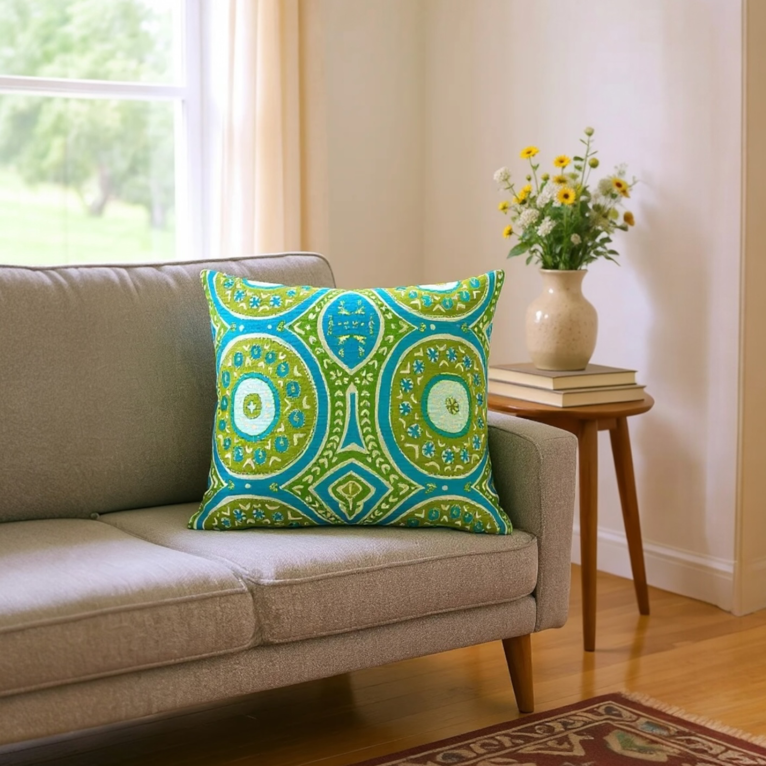Large sustainable embroidered cushion with green and blue geometric design on linen, reversible wool back, 65x65cm floor cushion.