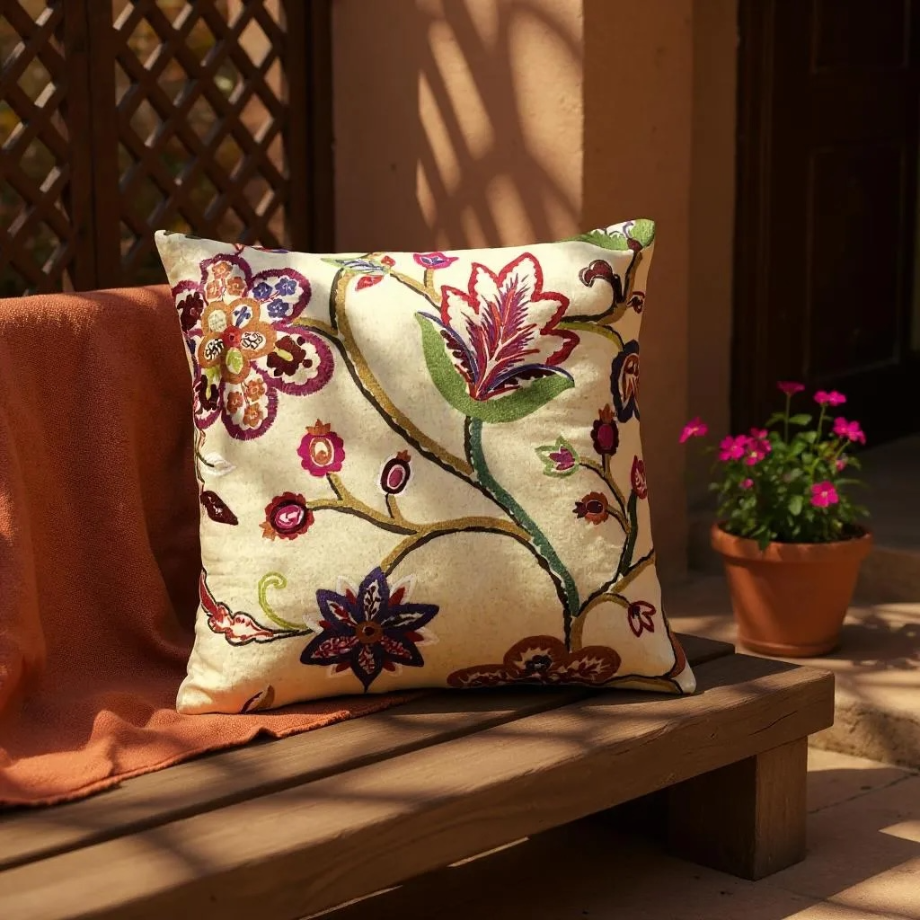 Multicoloured floral embroidery on cream wool felt cushion