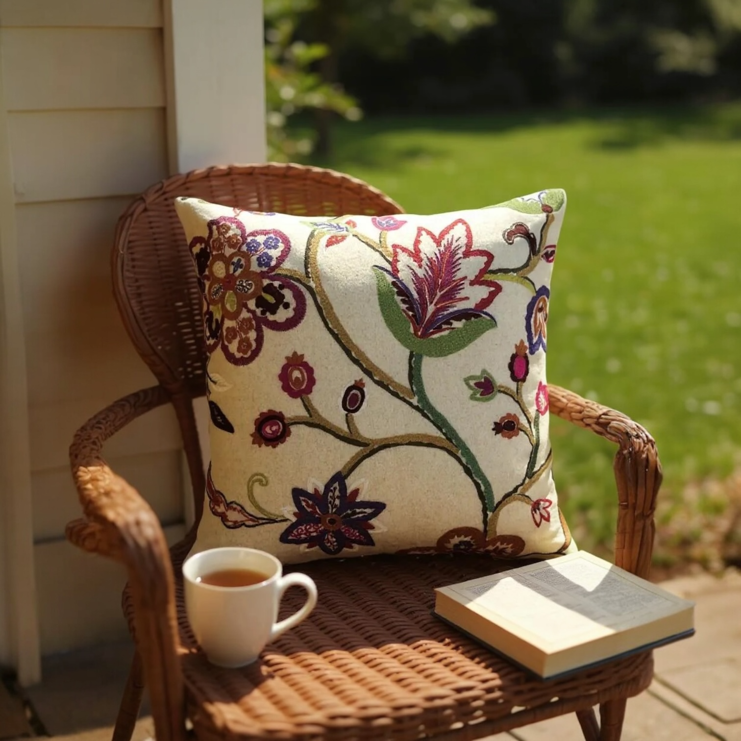 Decorative pillow with floral pattern on a wicker chair outdoors.