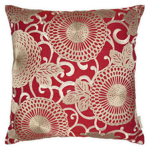 Large Red Linen Cushion with Cream/Gold Embroidery - 60x60cm