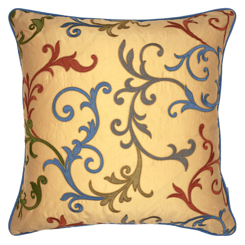 Golden Yellow 100% Silk Taffeta Multicoloured Embroidered Swirls Cushion - 60x60cm