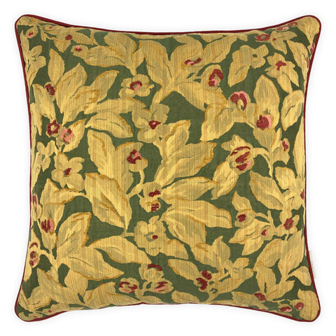 Textured Red, Green & Gold Floral Jacquard Cushion, Reversible - 55x55cm