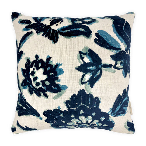 Textured Blue & Cream Velvet Bird & Florals Cushion, Reversible - 45x45cm