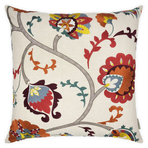 Multicoloured Large Floral Embroidery on Beige Linen Cushion - 60x60cm