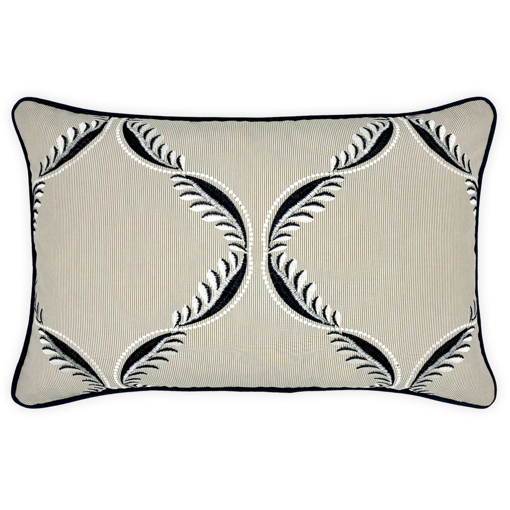 Black & White Embroidery on Beige Striped Cotton Cushion, Reversible - 40x60cm