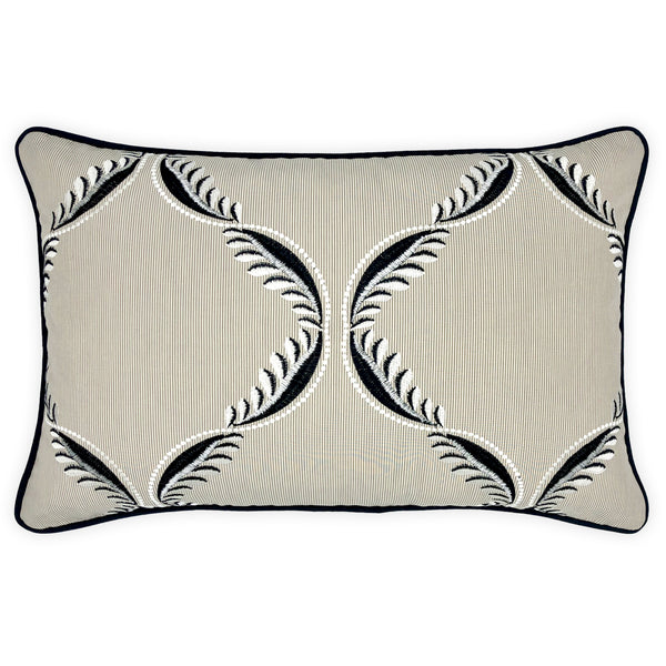 Black & White Embroidery on Beige Striped Cotton Cushion, Reversible - 40x60cm