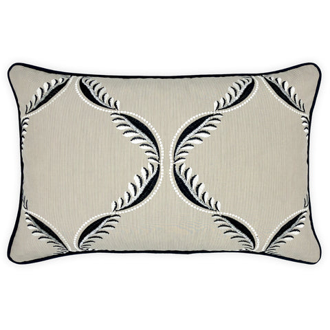 Black & White Embroidery on Beige Striped Cotton Cushion, Reversible - 40x60cm