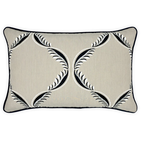 Black & White Embroidery on Beige Striped Cotton Cushion, Reversible - 40x60cm