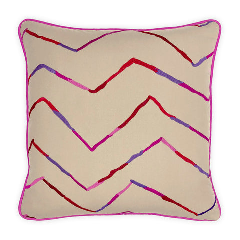 Zig Zag Embroidery on Beige Cotton Base Cushion, Reversible - 45x45cm