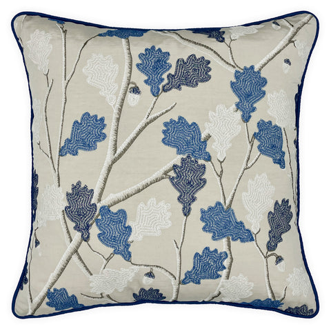 Blue & White Embroidered Acorn Tree on Beige Silk Cushion, Reversible, 60x60cm