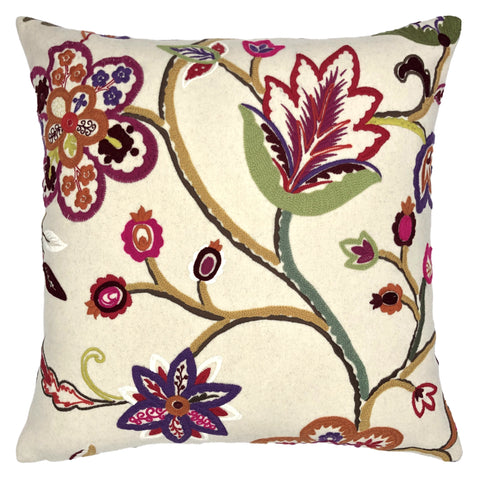 Multicoloured Floral Embroidery Soft Wool Felt Cushion, Purple Backed - 60x60cm