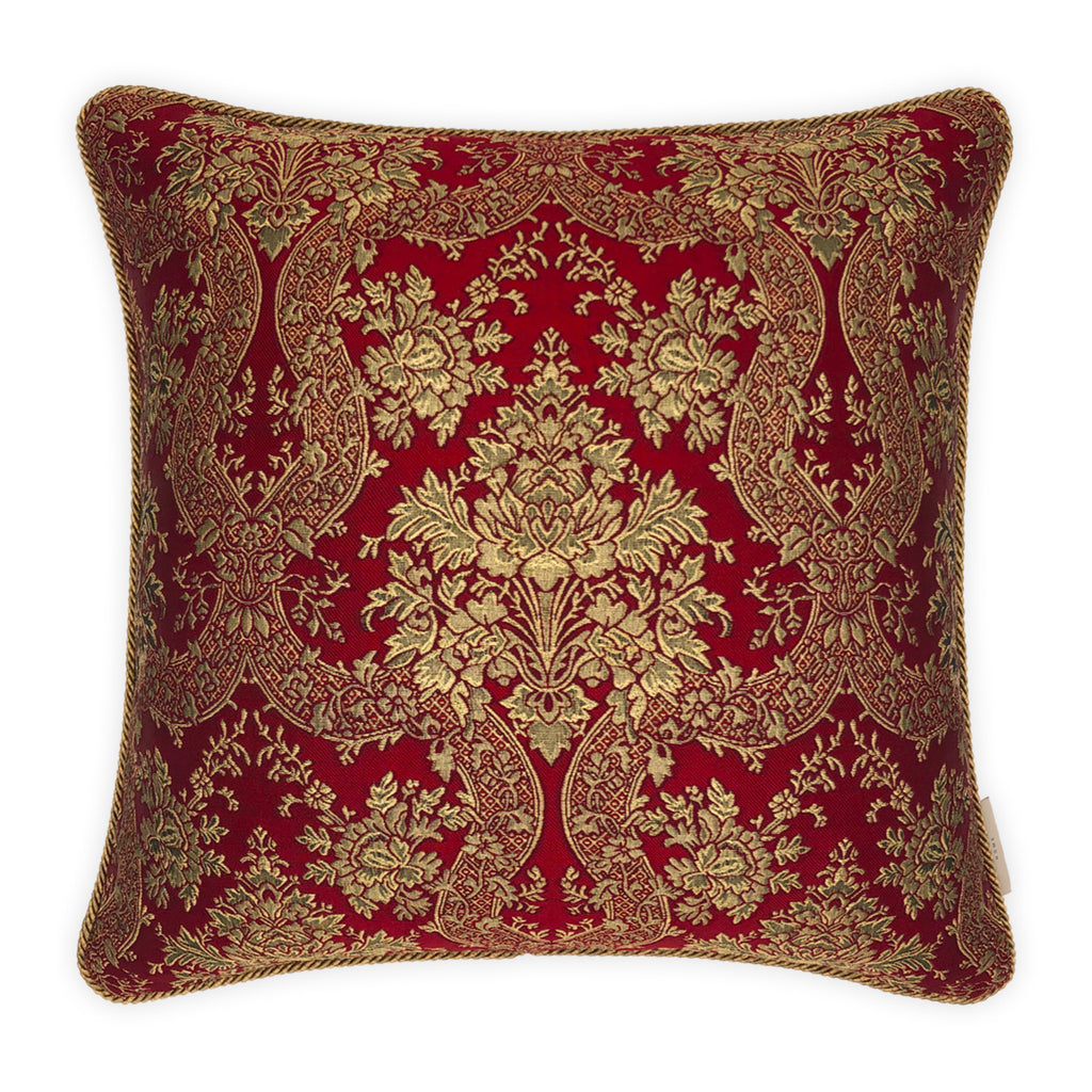 Luxurious jacquard woven cushion cover in red with gold paisley and gold twisted piping, 45x45cm.