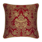 Luxurious jacquard woven cushion cover in red with gold paisley and gold twisted piping, 45x45cm.