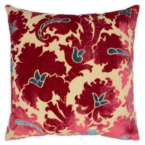 Red & Blue Velvet Paisley Devoré Cushion, Reversible - 60x60cm