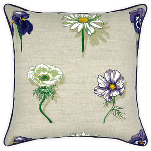 Large Flower Print on Beige Linen Cushion, Reversible - 60x60cm