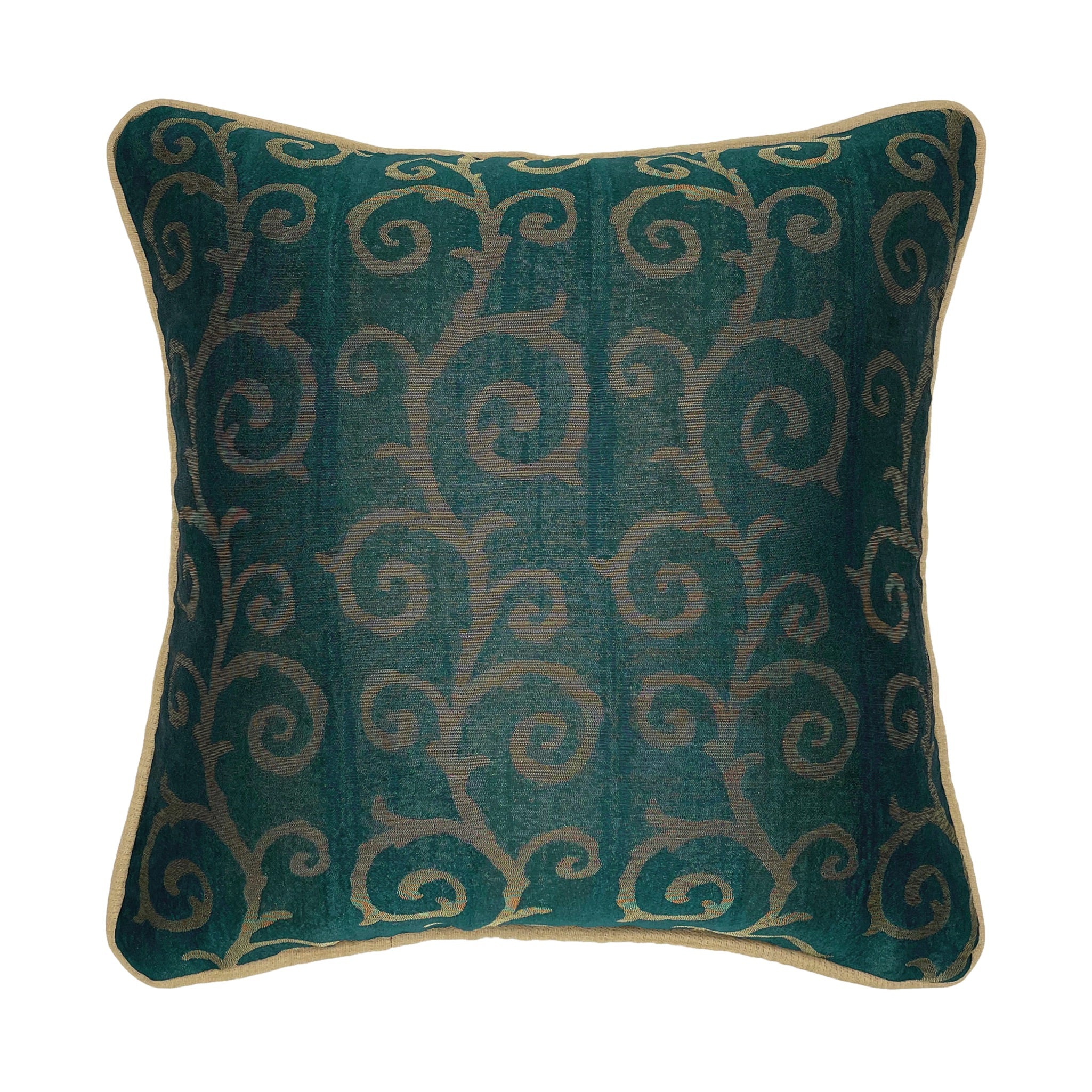 Gold & Green Piped Swirl Motif Luxurious Jacquard Cushion Cover, Reversible - 40x40cm