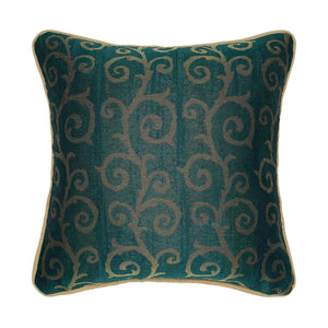 Gold & Green Piped Swirl Motif Luxurious Jacquard Cushion, Reversible - 40x40cm