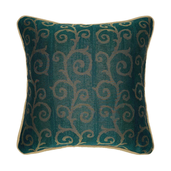 Gold & Green Piped Swirl Motif Luxurious Jacquard Cushion, Reversible - 40x40cm