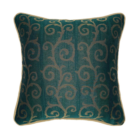 Gold & Green Piped Swirl Motif Luxurious Jacquard Cushion, Reversible - 40x40cm