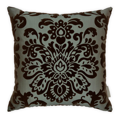 Brown Velvet Paisley Motif on Shot Green/Brown Silk Base Cushion - 50x50cm