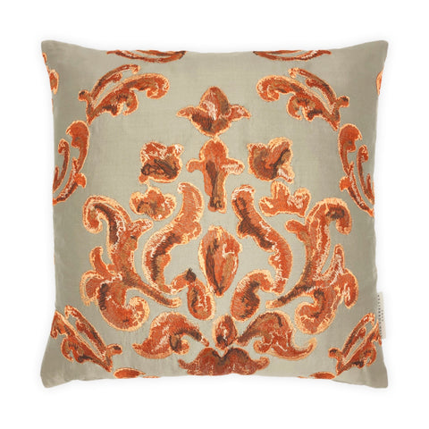 Grey & Orange Embroidered Paisley Silk Cushion, Reversible, 40x40cm