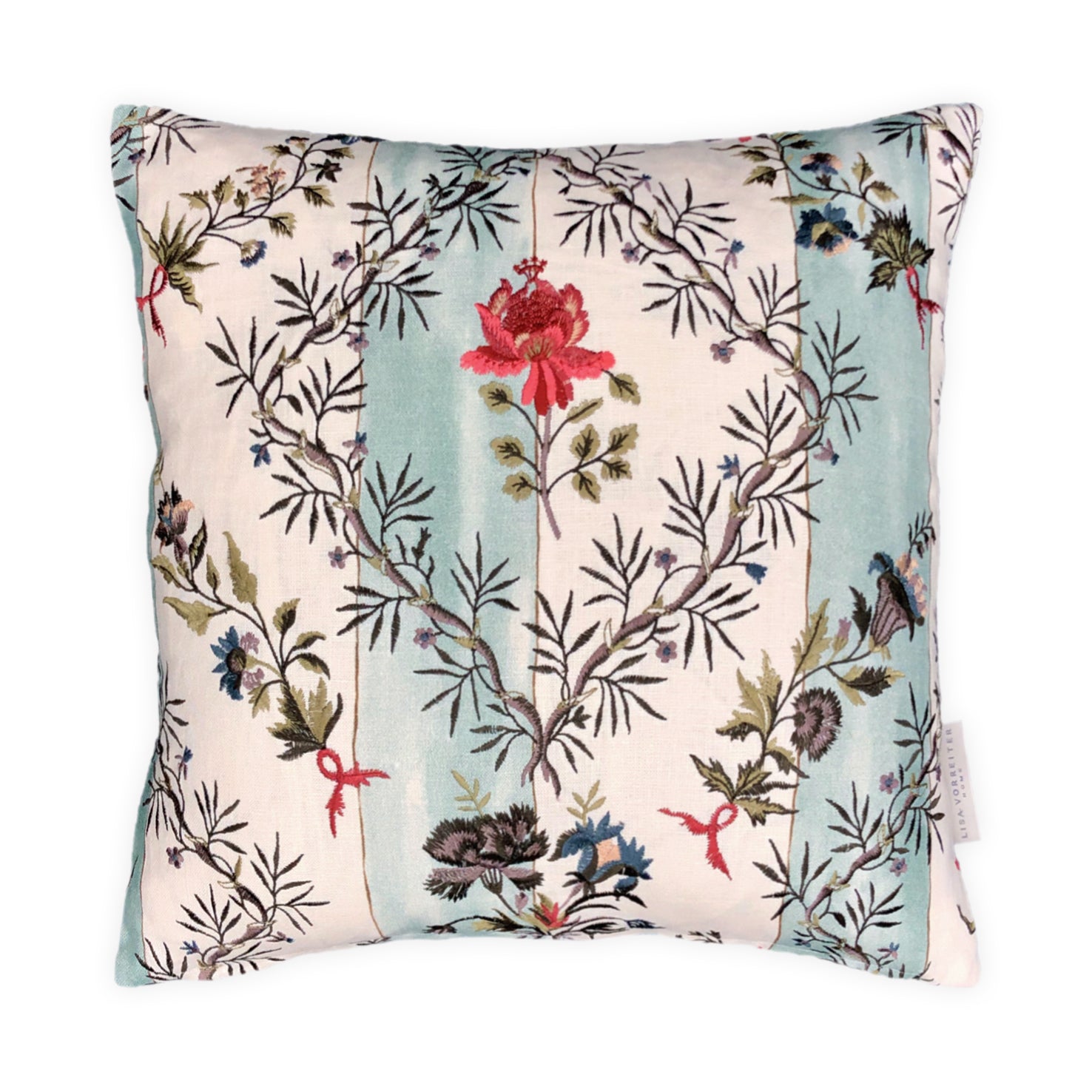 Floral Embroidered Striped Linen Cushion, Reversible - 40x40cm