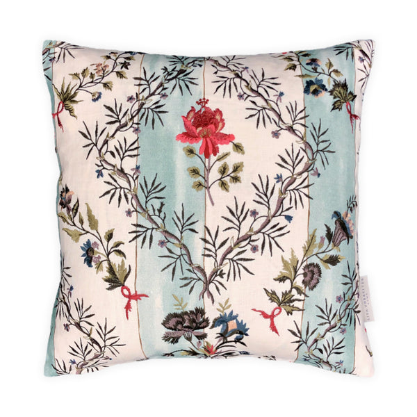 Floral Embroidered Striped Linen Cushion, Reversible - 40x40cm