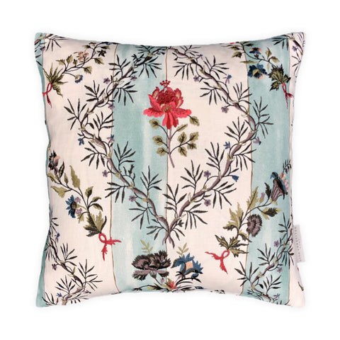 Floral Embroidered Striped Linen Cushion, Reversible - 40x40cm