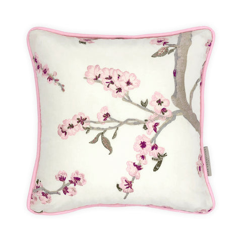 Pink Cherry Blossom Embroidery on Silk Cushion, Reversible - 35x35cm