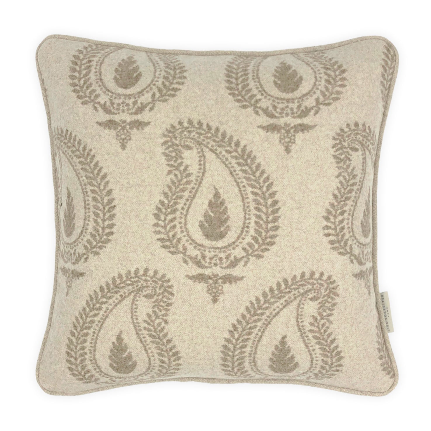 Beige Wool with Brown Paisley Print Cushion, Reversible - 45x45cm