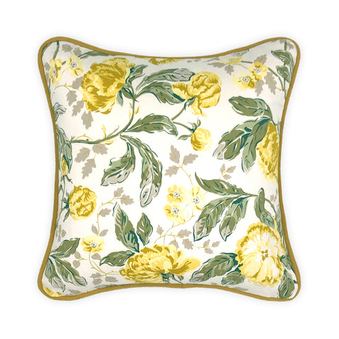 Yellow & Green Floral Printed Cushion, Reversible - 35x35cm