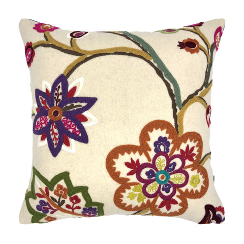 Multicoloured Floral Embroidery Soft Wool Felt Cushion, Purple Backed - 45x45cm