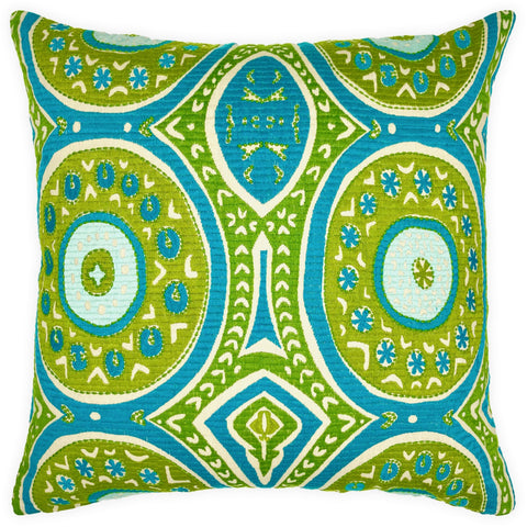 Very Large Embroidered Blue & Green Linen Cushion, Reversible - 65x65cm