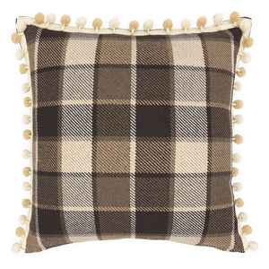 Brown & Cream Check with Pom Pom Trim Cushion, Reversible - 50x50cm