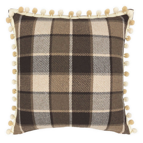 Brown & Cream Check with Pom Pom Trim Cushion, Reversible - 50x50cm