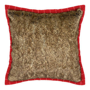 Brown Faux Fur Cushion backed & Framed with Checked Red Wool, Reversible - 40x40cm