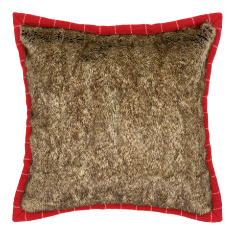 Brown Faux Fur Cushion backed & Framed with Checked Red Wool, Reversible - 40x40cm