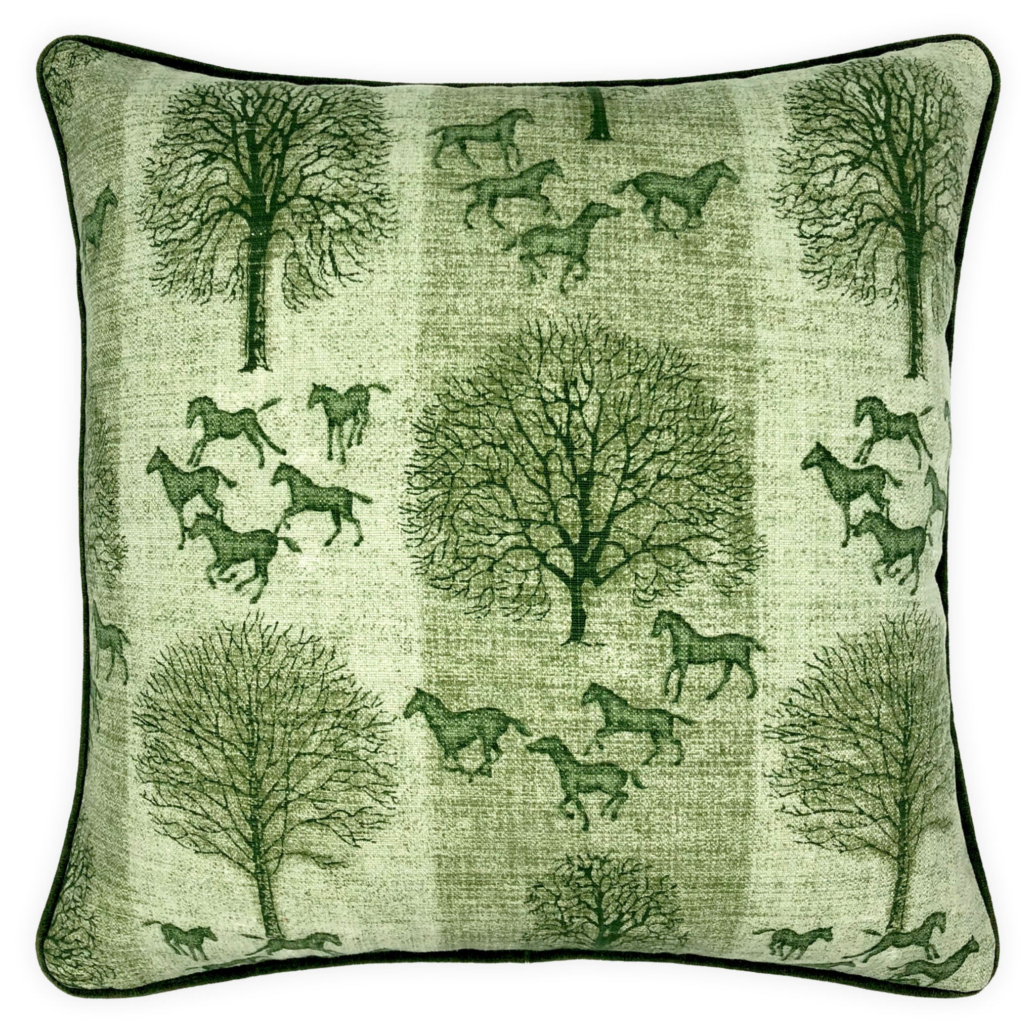 Striped Green Tree & Horse Print Cushion - 60x60cm