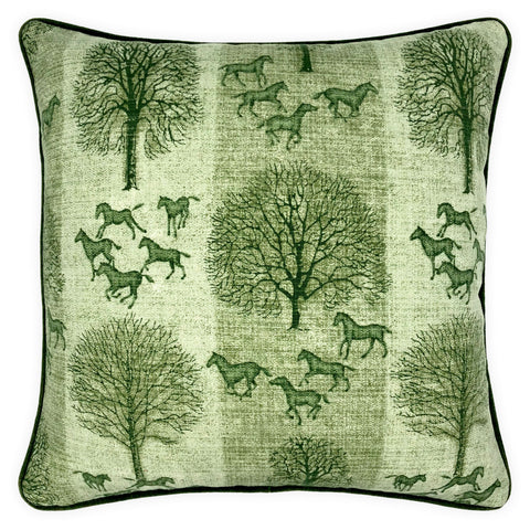 Striped Green Tree & Horse Print Cushion - 60x60cm