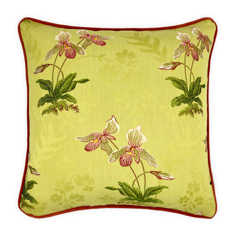 Pink Orchid Embroidery on Green Jacquard Cushion, Reversible - 45x45cm