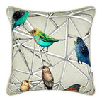 Multicoloured Bird Print on Cream Cotton Cushion, Reversible - 50x50cm