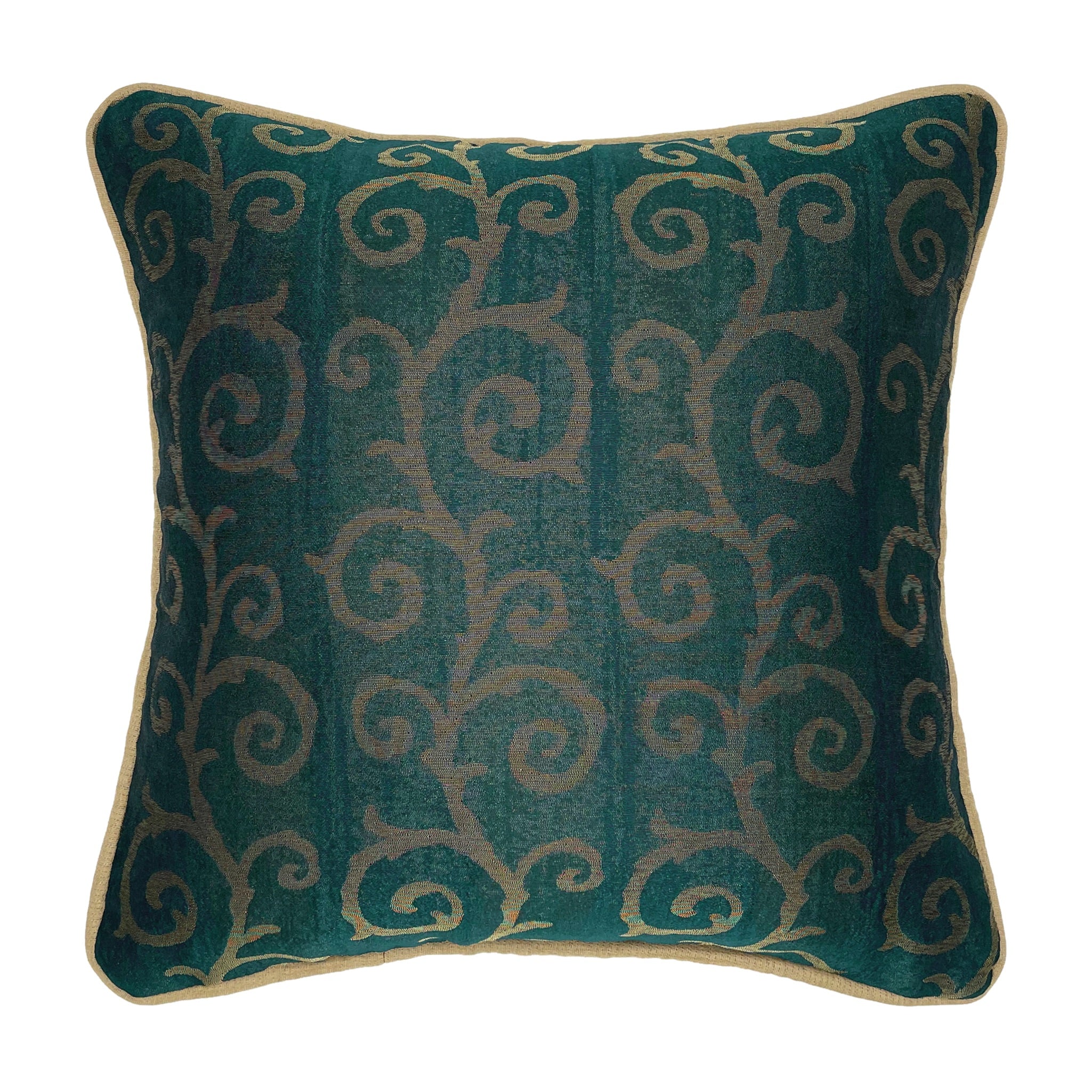 Gold & Green Piped Swirl Motif Luxurious Jacquard Cushion Cover, Reversible - 45x45cm