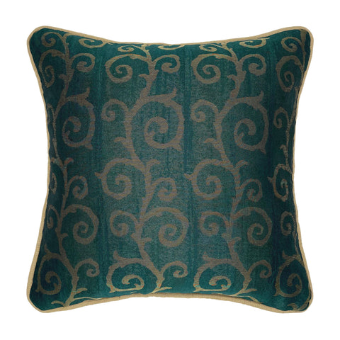 Gold & Green Piped Swirl Motif Luxurious Jacquard Cushion, Reversible - 45x45cm