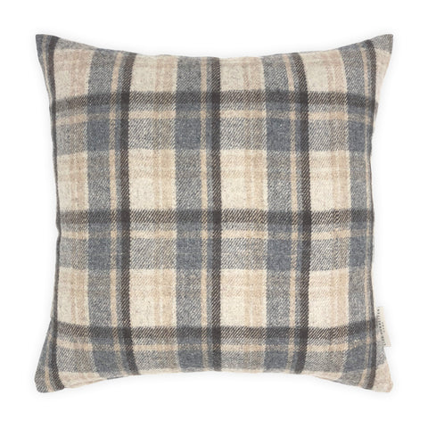 Brown, Beige & Blue Coloured Flannel Wool Checked Cushion - 45x45cm