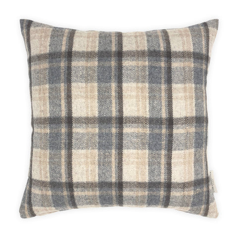 Brown, Beige & Blue Coloured Flannel Wool Checked Cushion - 45x45cm