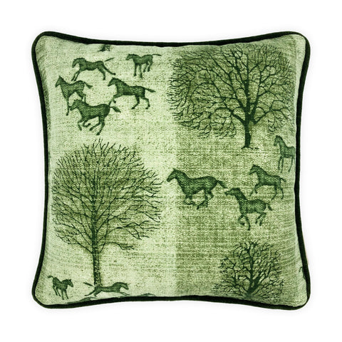 Striped Green Tree & Horse Print Cushion, Reversible - 40x40cm