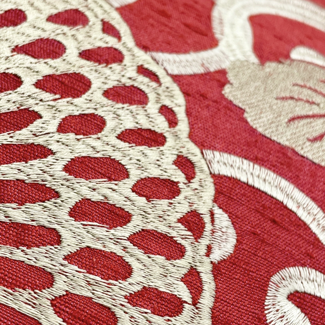 Large Red Linen Cushion with Cream/Gold Embroidery - 60x60cm