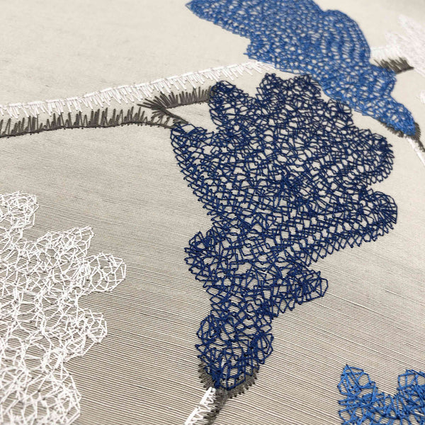 Blue & White Embroidered Acorn Tree on Beige Silk Cushion, Reversible, 60x60cm