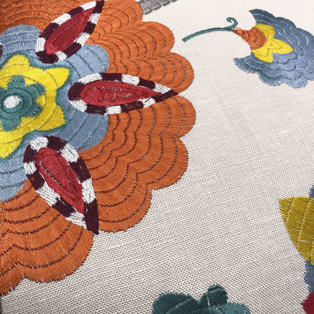 Multicoloured Large Floral Embroidery on Beige Linen Cushion - 60x60cm