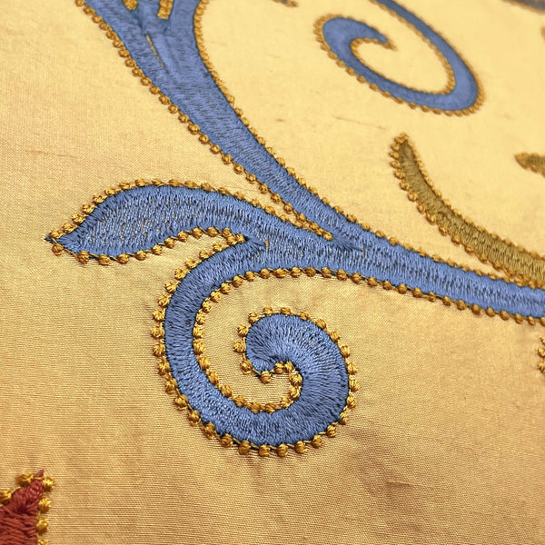 Golden Yellow 100% Silk Taffeta Multicoloured Embroidered Swirls Cushion - 60x60cm